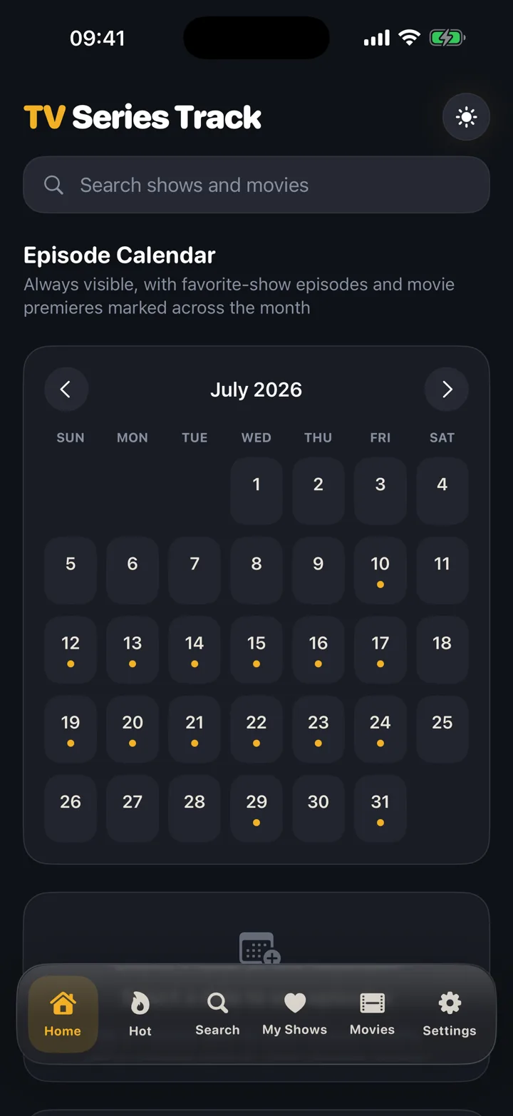 TV Series Track home screen with a monthly calendar of episodes and premieres.