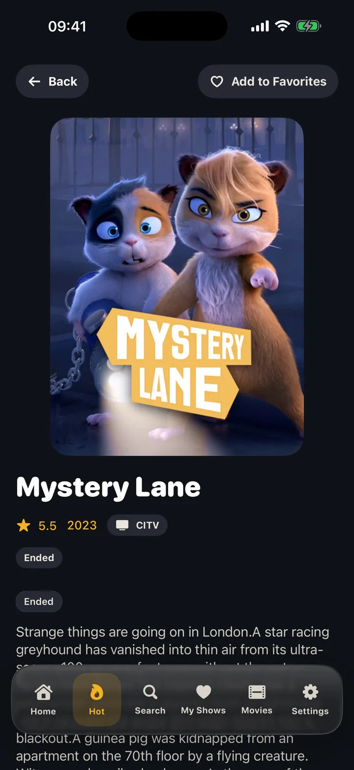 TV show details with poster, rating, and description.