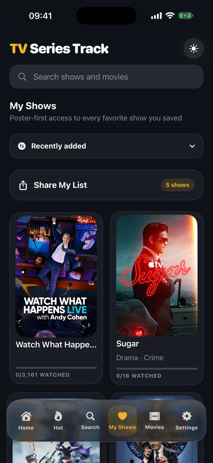 Visual library of favorite TV shows with watch progress.
