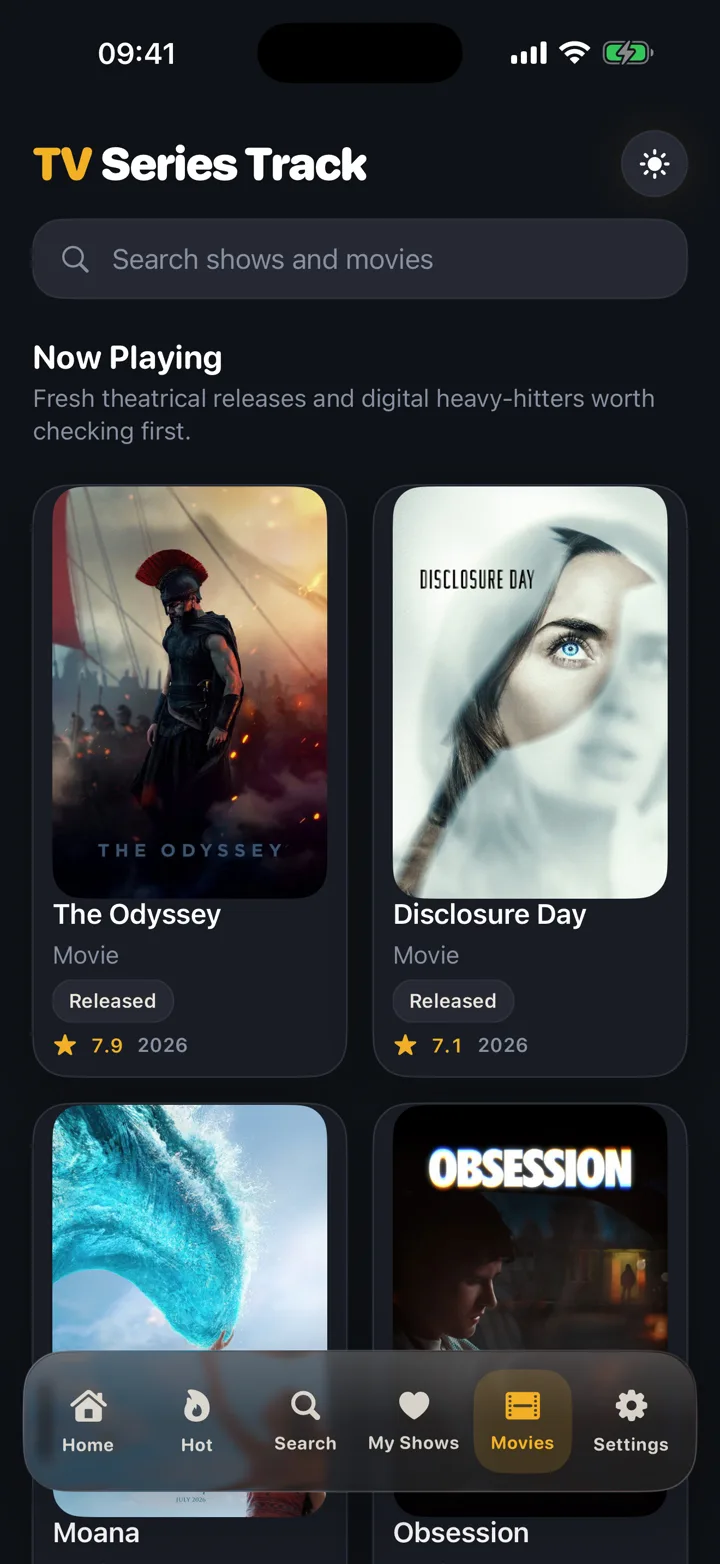 Selection of movies currently playing in TV Series Track.