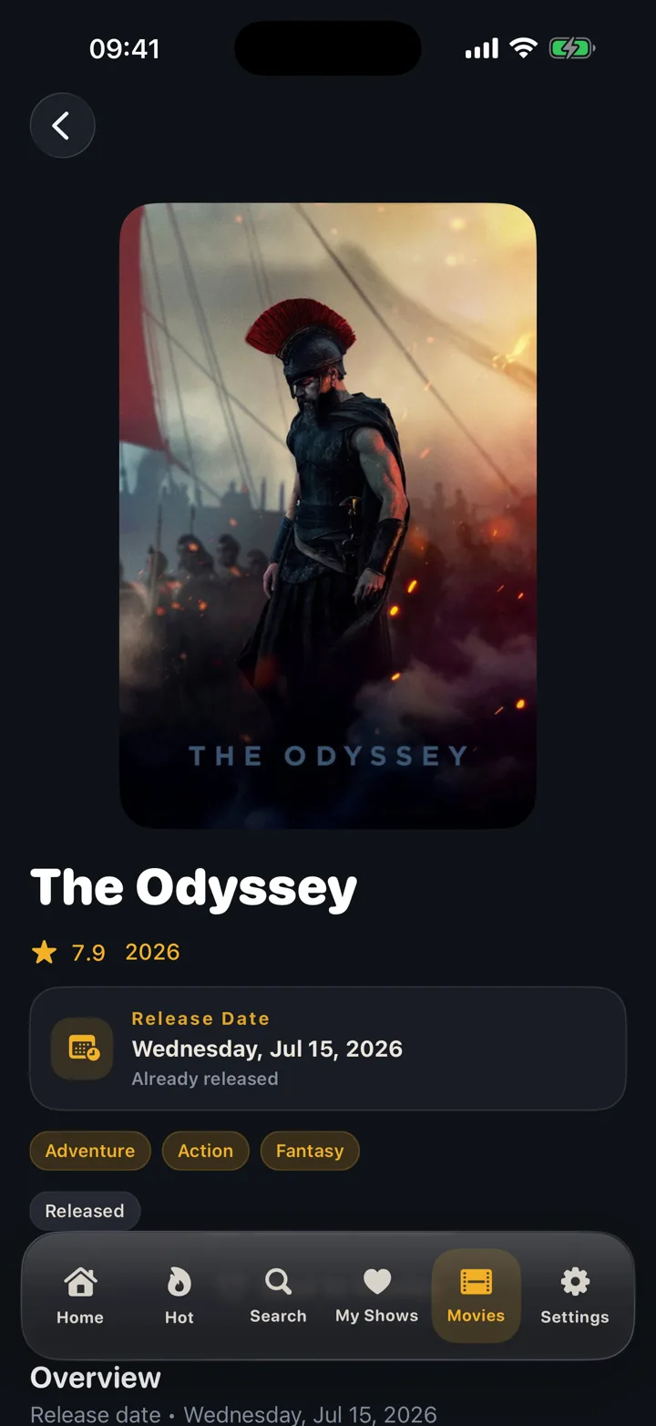Movie details with rating, premiere date, and genres.