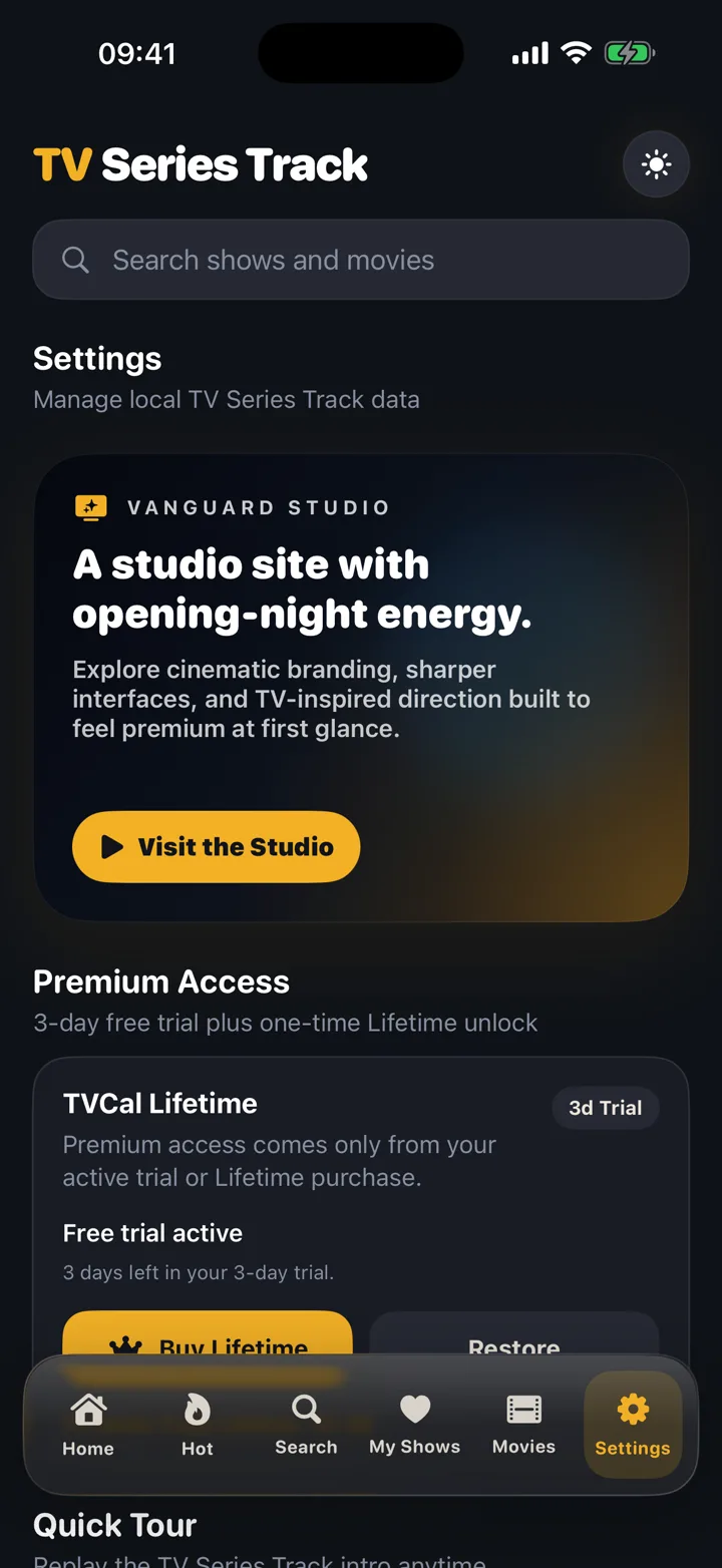 TV Series Track settings with data controls and premium access.