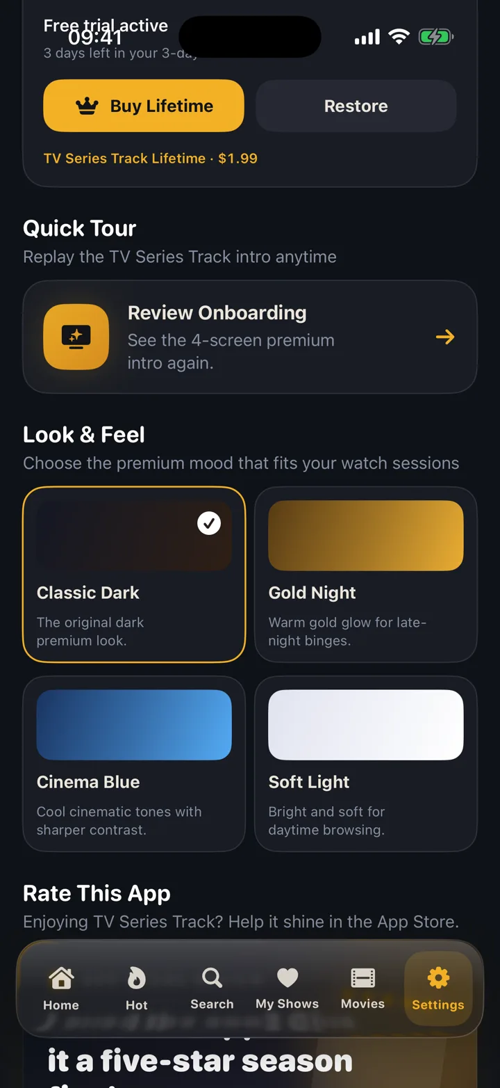 Theme selection and trial-period status.