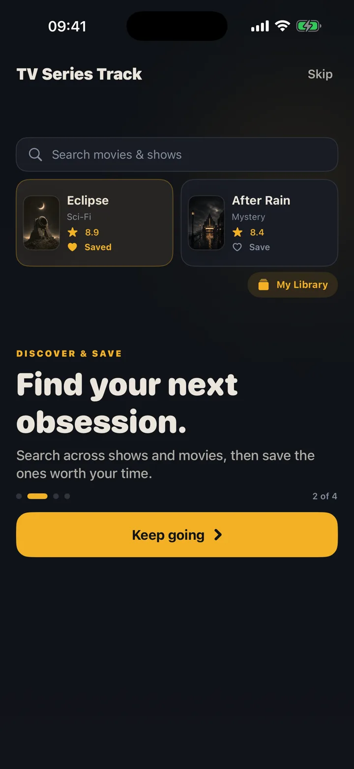 Onboarding showing search and the personal library.