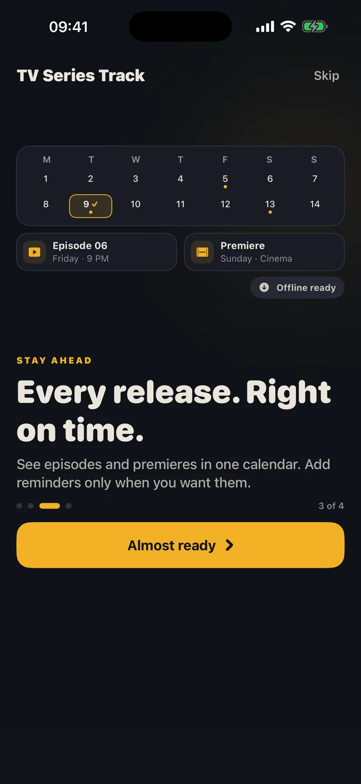 Onboarding showing the calendar and upcoming releases.