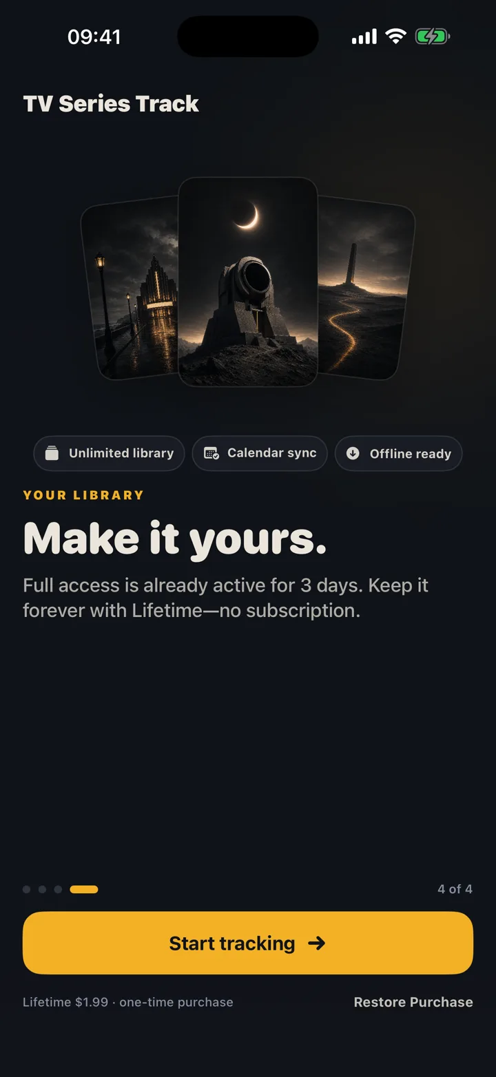 Onboarding showing Lifetime access with no subscription.